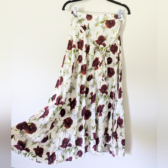 Dresses & Skirts - Vintage Shanghai Silk White Rose Print Ankle Length Wrap Skirt Women's S…